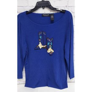 Robbie Bee Knitwear Western Shirt Top Beaded Sequins Cowboy Boots Design Blue XL